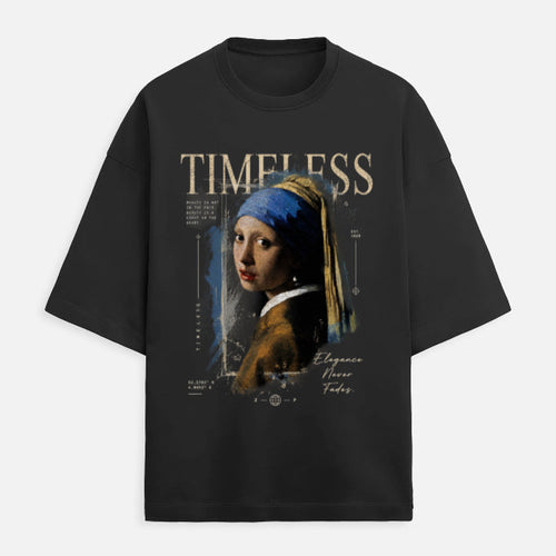 A black short-sleeve t-shirt featuring a graphic print of Johannes Vermeer's 'Girl with a Pearl Earring' styled with blueprint elements and the word 'TIMELESS' in beige text, shown against a light gray background.