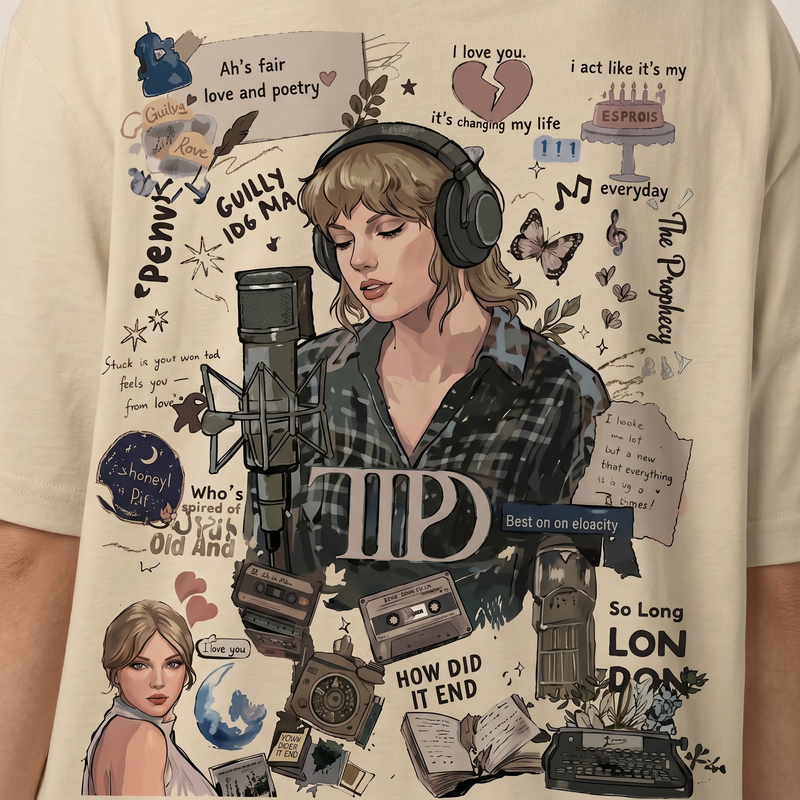 A close-up of a cream-colored t-shirt featuring a detailed graphic collage of Taylor Swift. The design includes an illustration of Taylor Swift wearing headphones and a plaid shirt in front of a microphone, along with various text quotes, cassette tapes, a blue horn, and other pop culture elements.