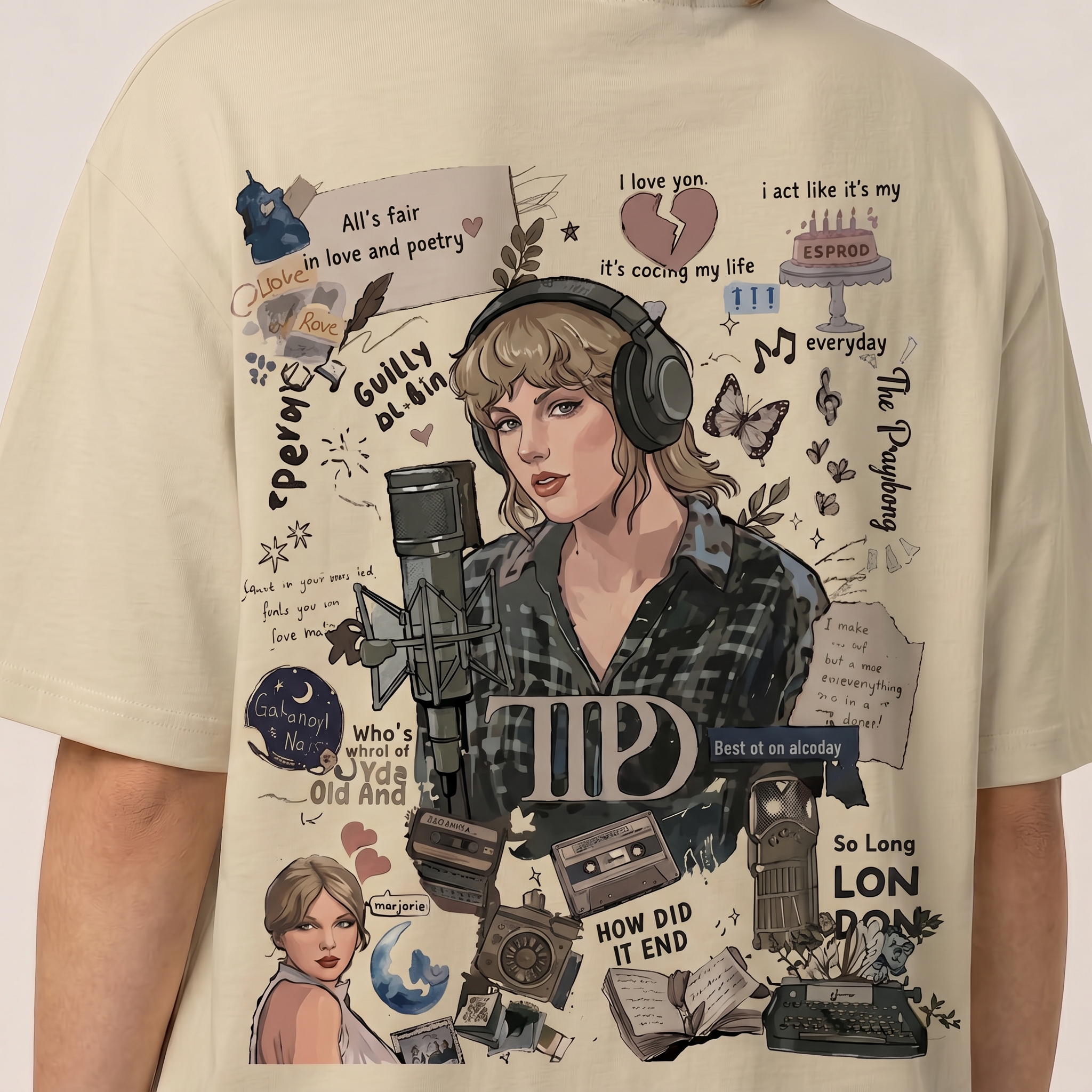A close-up of a person wearing a cream-colored t-shirt with a large, detailed graphic print featuring Taylor Swift, headphones, a microphone, cassette tapes, and various handwritten text elements.