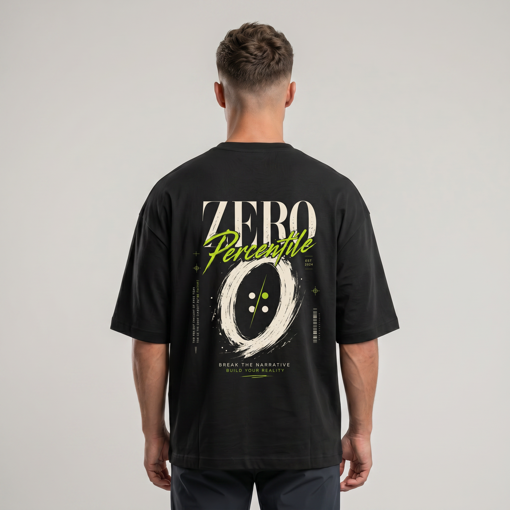 A man viewed from behind wearing a black oversized t-shirt with a large graphic print on the back. The graphic features the text 'ZERO Perseverance' in white and lime green, surrounding a large white circular brushstroke design with a button motif.