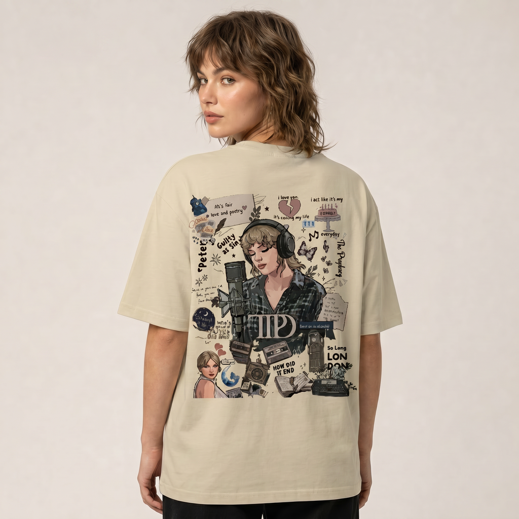 Vintage Singer-Inspired Scrapbook Graphic Oversized T-Shirt | 240 GSM Premium Cotton | Front & Back Print | Unisex Streetwear