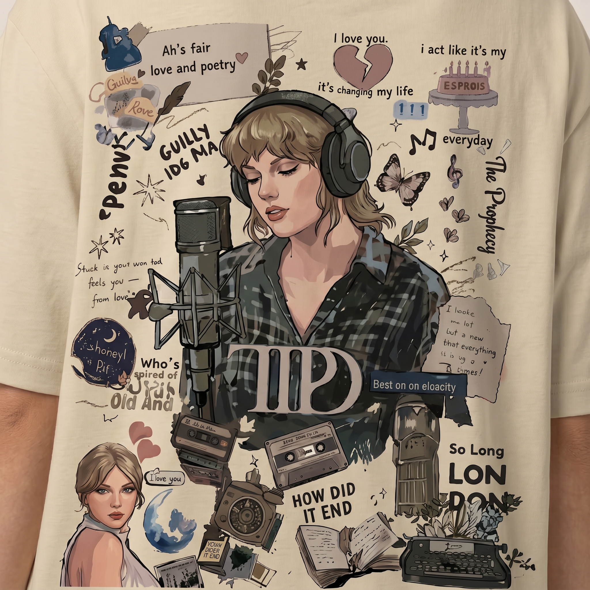 Vintage Singer-Inspired Scrapbook Graphic Oversized T-Shirt | 240 GSM Premium Cotton | Front & Back Print | Unisex Streetwear