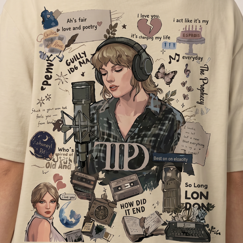 Vintage Singer-Inspired Scrapbook Graphic Oversized T-Shirt | 240 GSM Premium Cotton | Front & Back Print | Unisex Streetwear