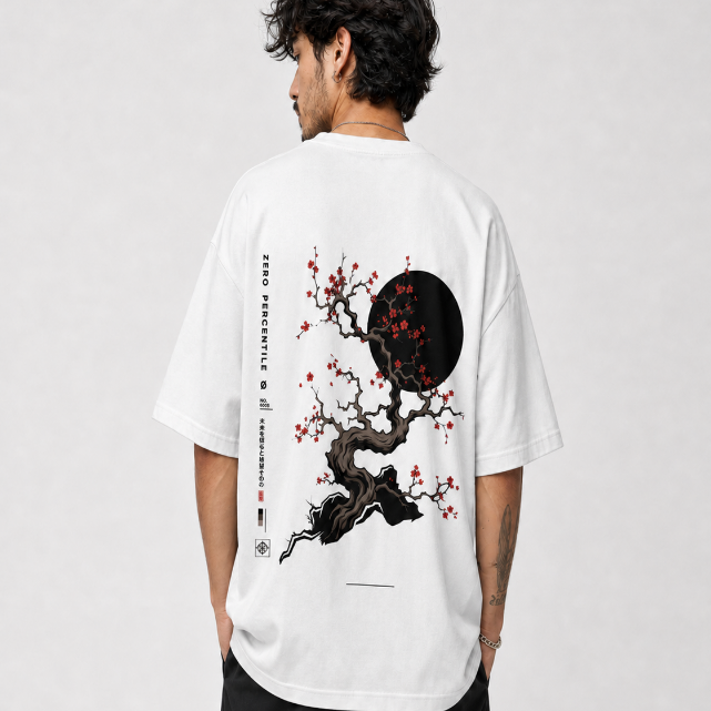 Zero Percentile™ Sakura Eclipse Oversized T-Shirt | 240 GSM Premium Cotton | Japanese Streetwear | Unisex