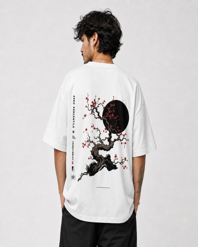 Zero Percentile™ Sakura Eclipse Oversized T-Shirt | 240 GSM Premium Cotton | Japanese Streetwear | Unisex