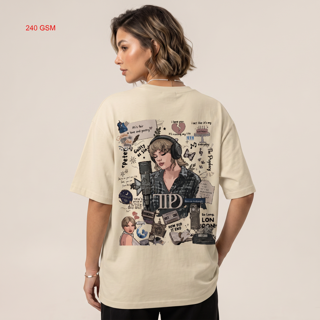 Vintage Singer-Inspired Scrapbook Graphic Oversized T-Shirt | 240 GSM Premium Cotton | Front & Back Print | Unisex Streetwear